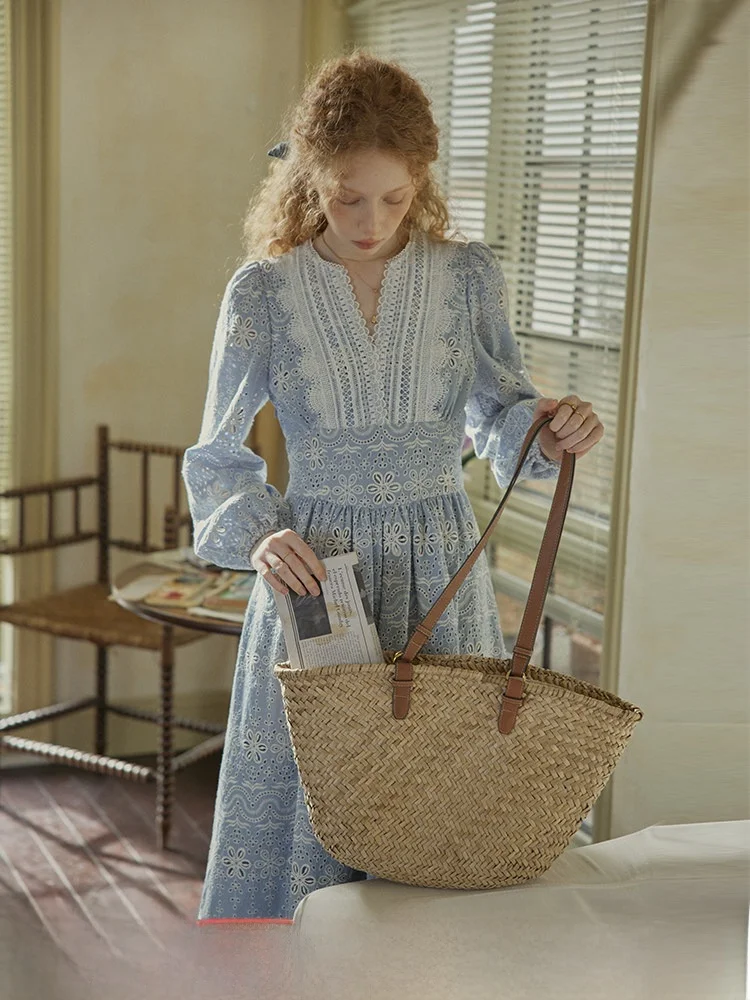 

C.PAIA Ретро-платье с длинными рукавами, V-образным вырезом, вышивкой и вырезами, с завышенной талией, А-силуэт, хлопковое, для повседневной носки весной, с рукавами-фонариками