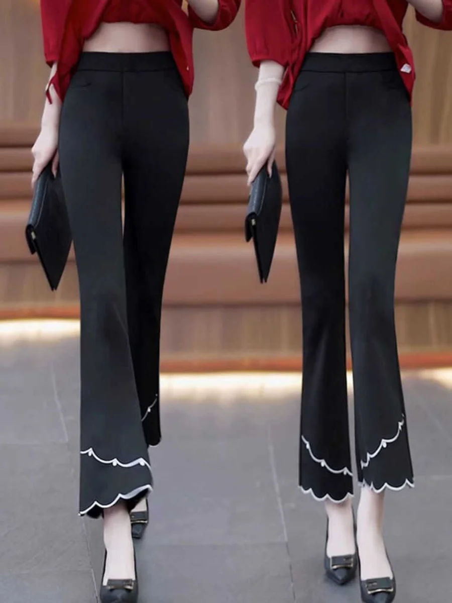 

Модные расклешенные укороченные брюки с вышивкой и высокой талией для женщин, весна-лето, новинка, повседневные брюки длиной 7/8 с эффектом похудения