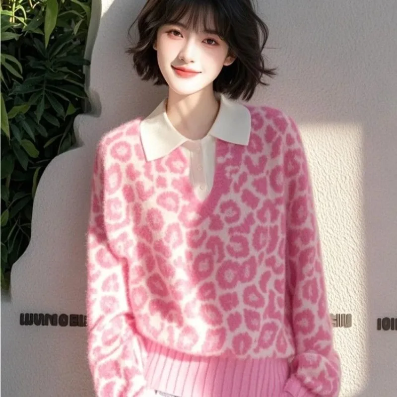 Tops Women Autumn Spring Trendy Effortless Luxurious Korean Style Soft Leopard Print Printed Knitwear Polo Shirt New Comfortable