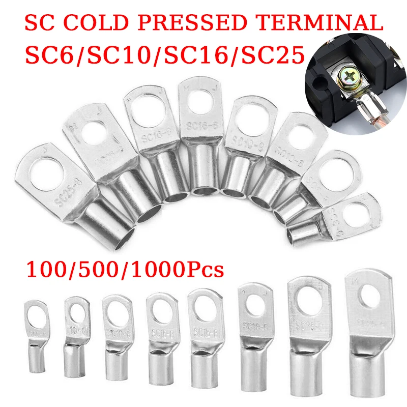 

100/1000pcs Copper Lug Ring Wire Connectors Cable Electric Crimp Terminal SC6 SC10 SC16 SC25 Bare Copper Battery Block Lugs Hole