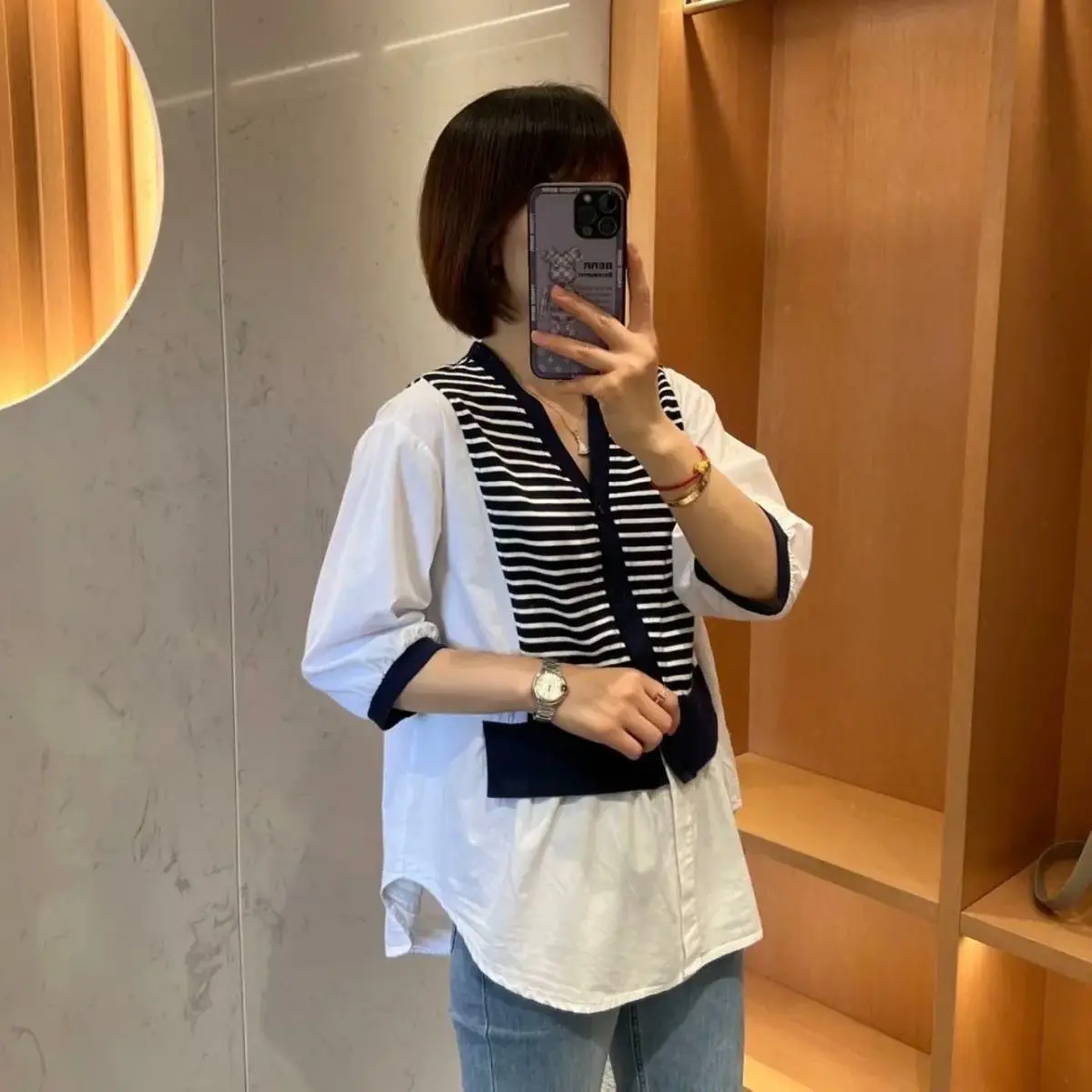 Large Size Short Sleeved Striped V-neck Shirt for Women\'s Summer New Belly Covering Western-style Trendy Thin Fake Two-piece Set