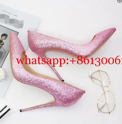 Bling Bling Woman 12Cm High Heel Pointed Toe Sequins Pink Black Silver Gold Color Super High Heel Shoe Large Size Custom Make 46