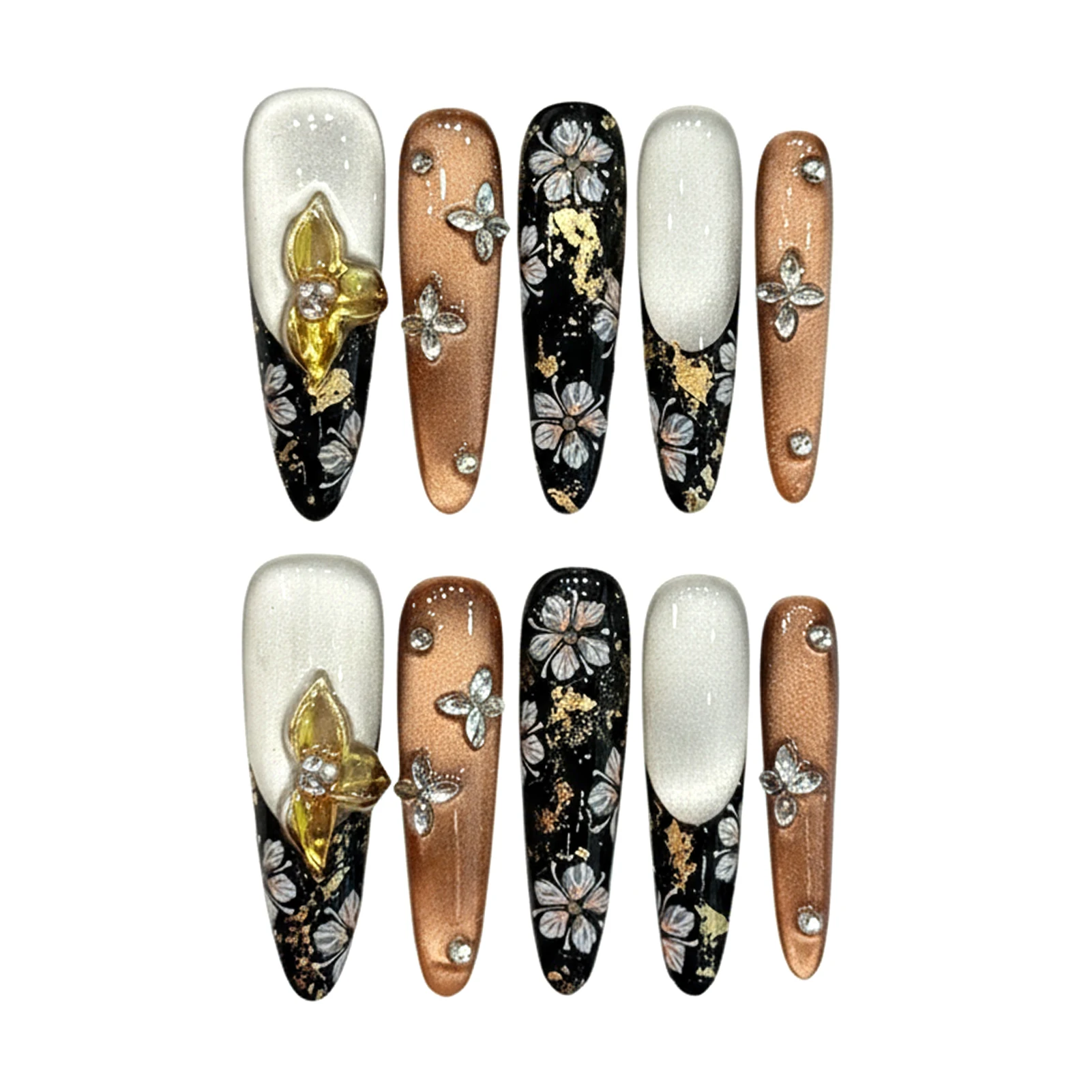 Faux ongles longs en amande faits à la main, 10 pièces, faux ongles français noirs, imprimés floraux, yeux de chat brillants, décoration florale 3D