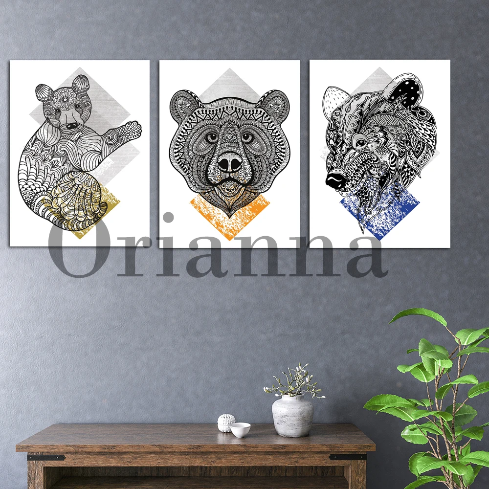 

Tribal Geometric Bear Head Side Art Orange Yellow Blue Grey Aztec Gallery Wall Prints Posters Modern Home Decor Painting Gift