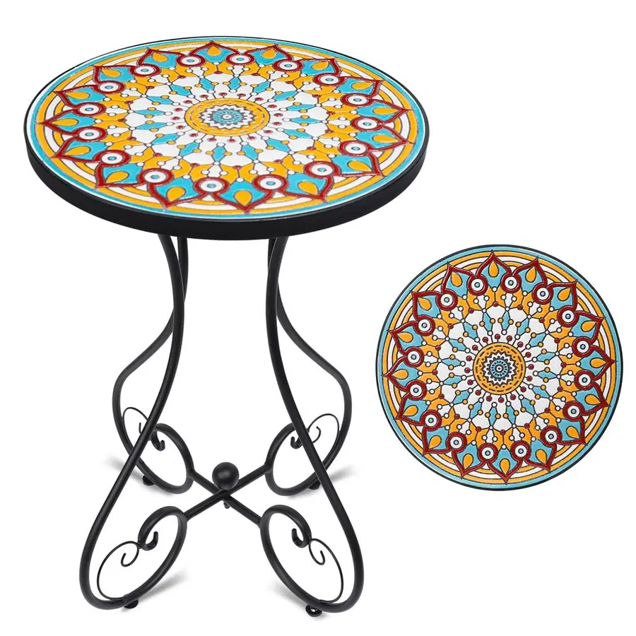 

Mosaic Outdoor Side Table, Round Rustproof Patio Table with 14 Ceramic Tile Top, Indoor Porch Accent Table for Yard, Garden, Liv