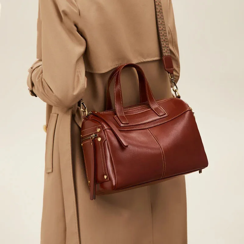 2026 New Women's Genuine Top Grain Leather Large Capacity Crossbody Shoulder Bag, Casual Trendy Mature Top Handle Handbag, Purse
