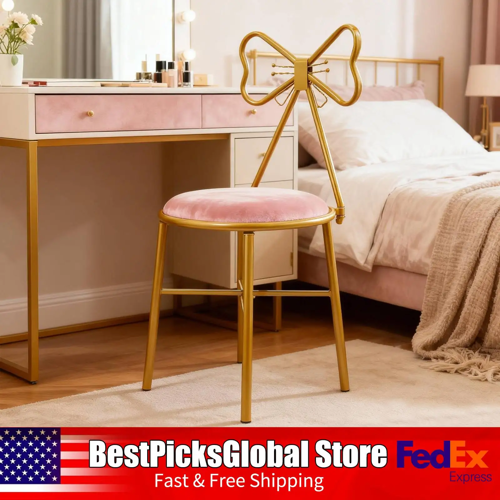 

Туалетный столик, обеденный стул в форме бабочки, железный стул для макияжа с темно-розовой бархатной подушкой для туалетного столика, спальни