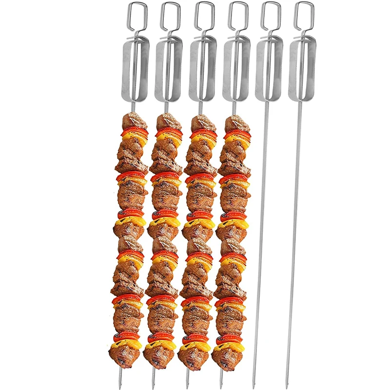 

6 шт. 17-дюймовые шампуры для барбекю премиум-класса из нержавеющей стали 304, шампуры для барбекю, длинные плоские палочки для кебаба с металлической скользящей ручкой JT490