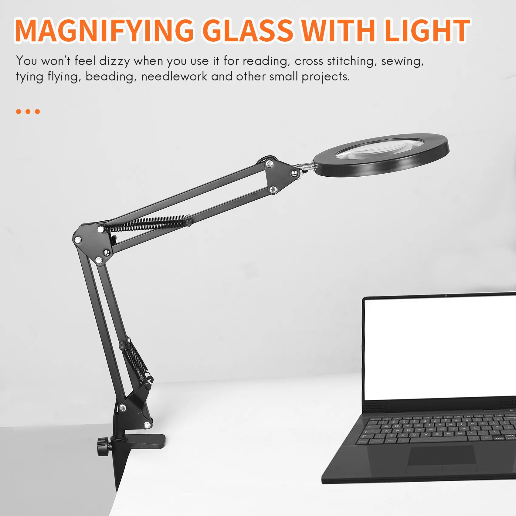 LED Magnifying Lamp with Clamp, 10 Levels Dimmable, 3 Color Modes, 5-Diopter Real Glass Lens, Adjustable Swivel Arm Lighted