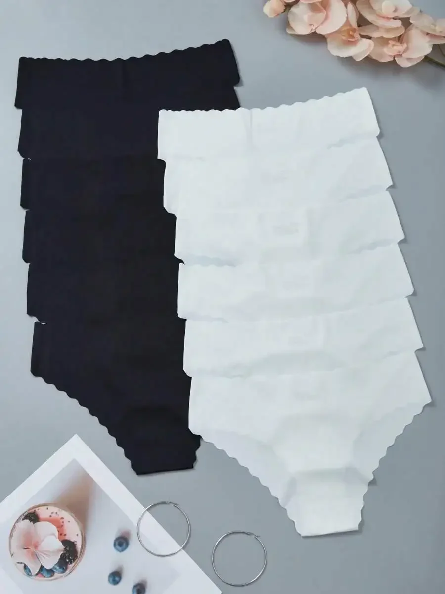 

12pcs Women Seamless Mid-Waist Panties Solid Black White Soft Comfort Daily Wear