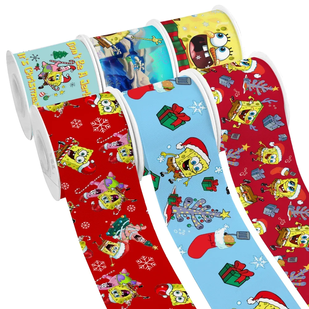 

50 Yards Christmas Theme Cartoon SpongeBob SquarePantsPattern Printed Grosgrain Satin Ribbon for Gift Wrapping Hair Bow Craft