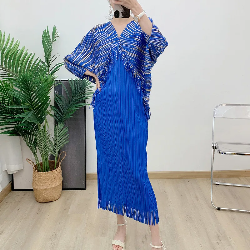 

Miyake 2025 Summer New Evening Gowns Evening Wear Elegant Women's Clothing Pleated Splicing Tassel Dress Splicing V-neck Loose