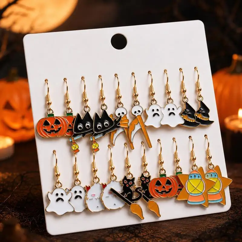10 Pairs Halloween Dangle Earrings Set, Cute Ghost Pumpkin Black Cat Witch Hat Party Accessories