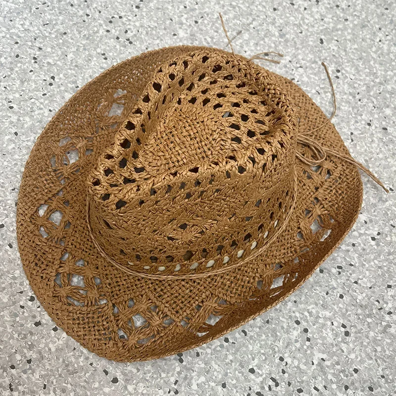 Straw Western Cowboy Hat for Women Men Classic Vintage Hollow Out Unisex Curled Wide Brim Sun Hat Fishing Hat Climbing Cap image 3