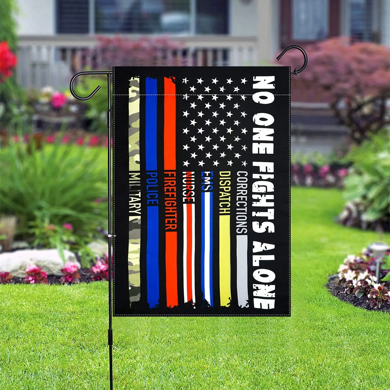XIFAN No One Fights Alone USA Garden Flag First Responders Thin Line Vertical Double Sided 12.5 x 18 Inch Yard Outdoor Decor EEZ