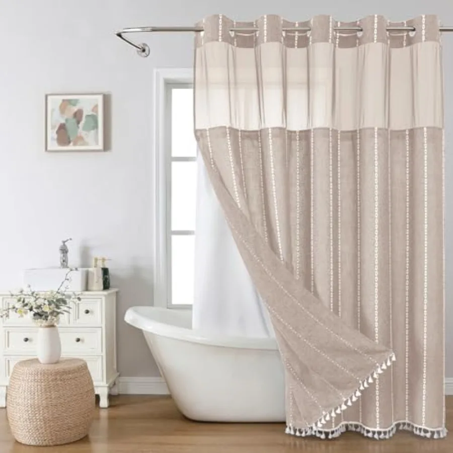 

No Hook Long Shower Curtain Set with Snap-in Fabric Liner, Linen Textured Thick Striped Fabric with Tassels, Boho Farmhouse Rus