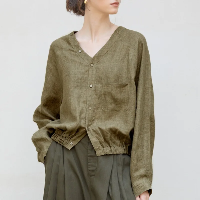 

Retro Chic 100% Linen Blouse Women V-neck Long Sleeve Button Up Casual Loose High Street Fashion Office Lady Wear Green Shirts