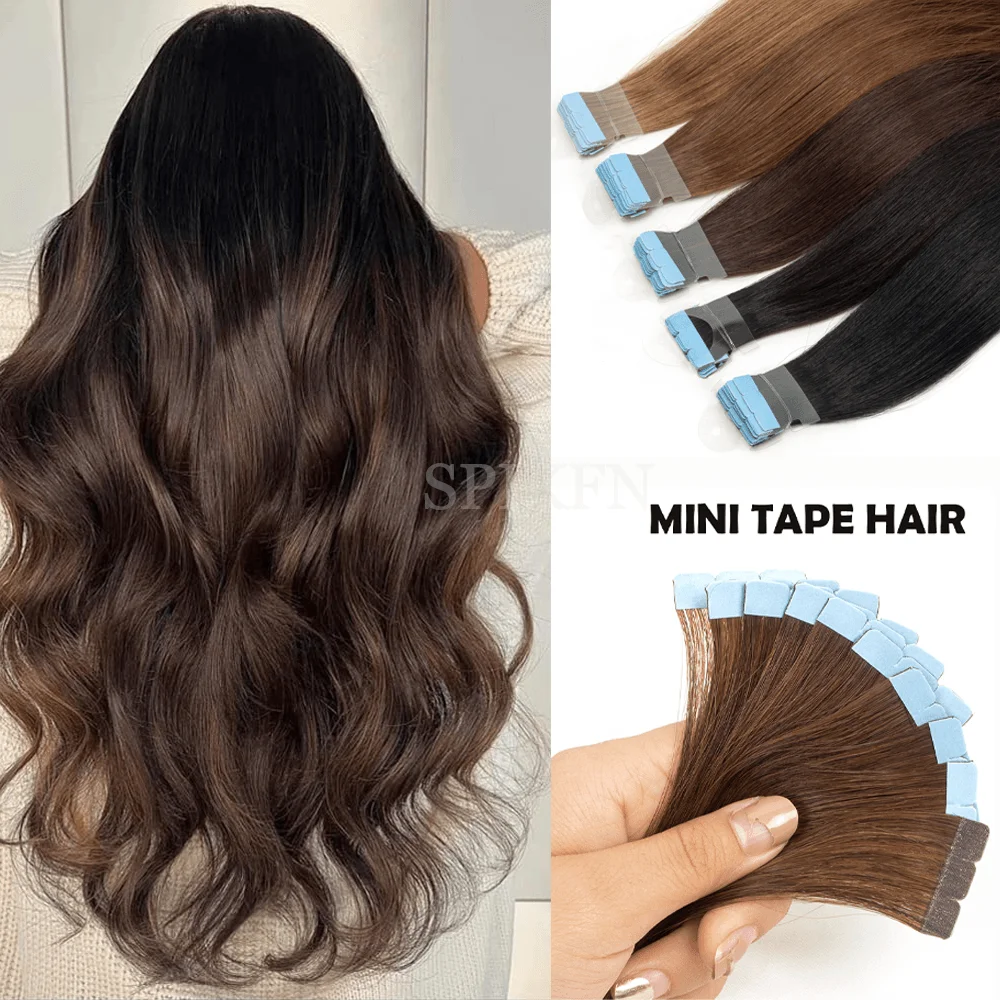 

Seamless Tape-In Hair Extensions for Women Straight Human Hair in Black Brown Blonde Highlights 12"-20" Mini Tape Hair 10pcs