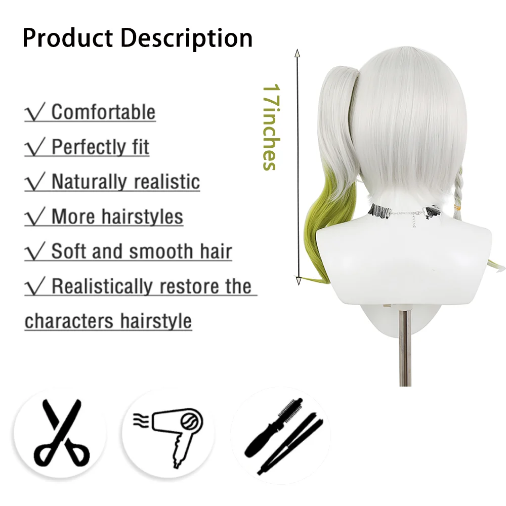 Nahida Cosplay Wig Silver Gradient Light Green Side Ponytail Wig With Braid Bangs Heat Resistant Synthetic Hair For Anime Party