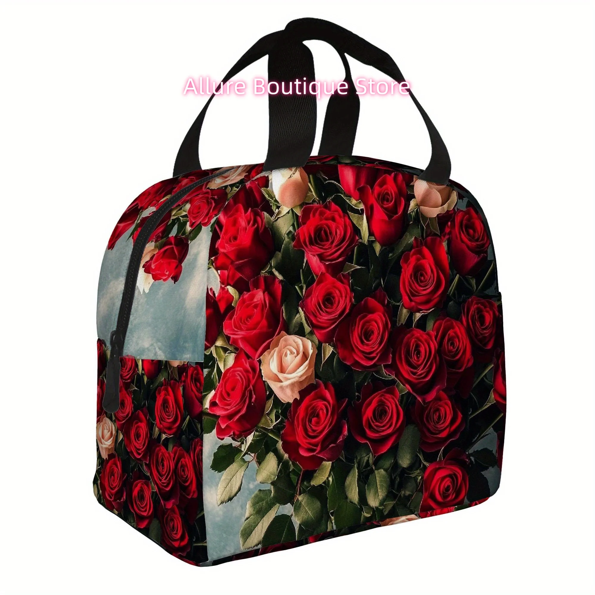 1pc, Lovely Arrangement of Crimson Roses. Thermal Printed Bag for Insulation, Not for Food Contact, Ideal for Home, Dining Estab