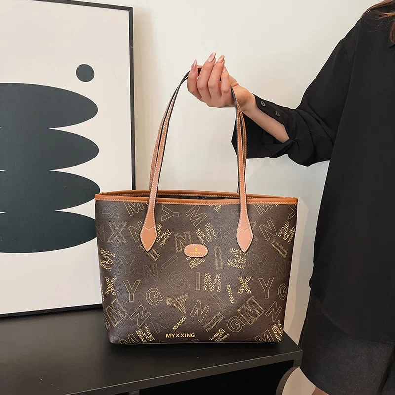 Borsa tote da donna in pelle vegana monogramma 2025, tracolla/borsa convertibile a 2 vie con hardware dorato, borsa di grande capacità