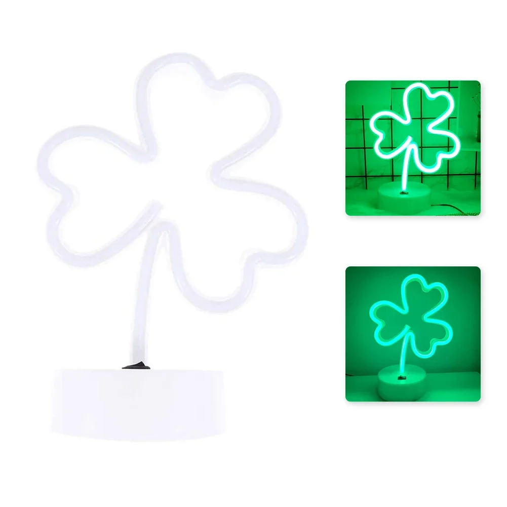 Shamrock 데스크탑 네온 나뭇잎 모양 램프, 행운의 LED 네온 사인, 어린이 아기 침실 크리스마스 장식, 녹색 클로버 베이스