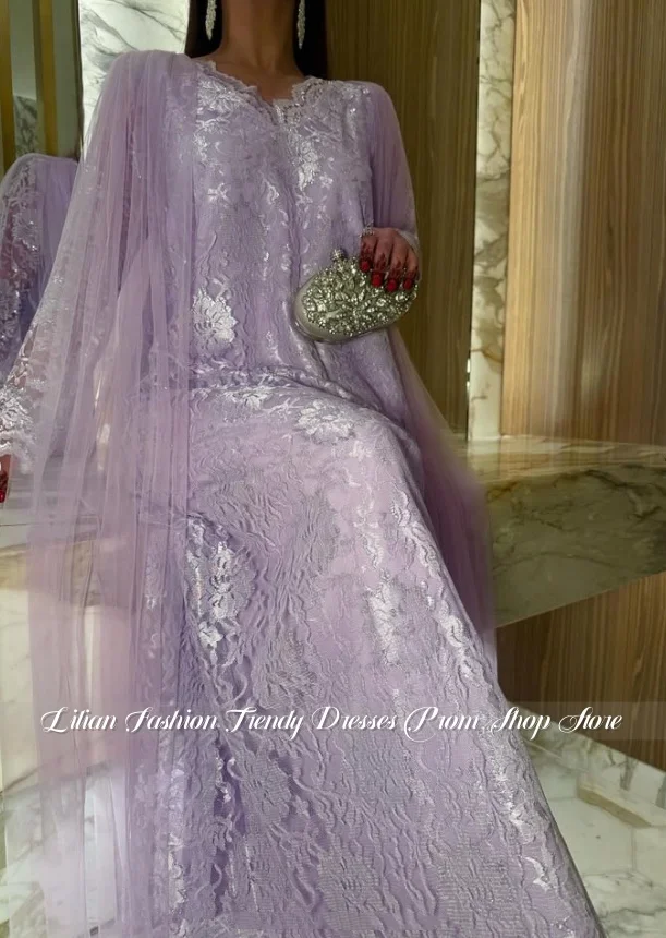 Customized Soft Lavender Sheer Tulle Overlay Formal Outfit Full Length Silver Thread Floral Lace Arabic Henna Ceremony Kaftan Dr