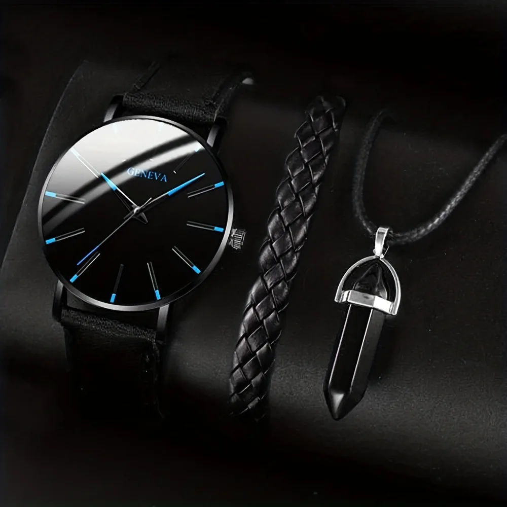 

3pcs Set Fashion Mens Watches Luxury Casual Leather Quartz Wristwatch Men Business Sports Wrist Watch Bracelet Necklace Set
