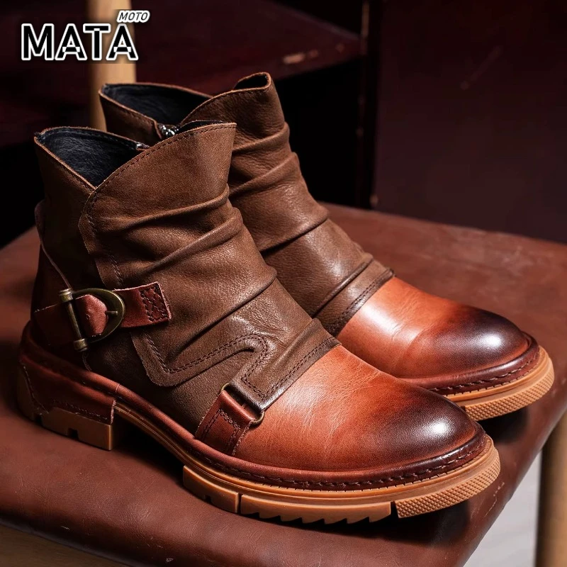 Handmade Leather Men Boots Retro Round Toe Ankle BootsPunk Street Style Men Chunky Moto Street Gear