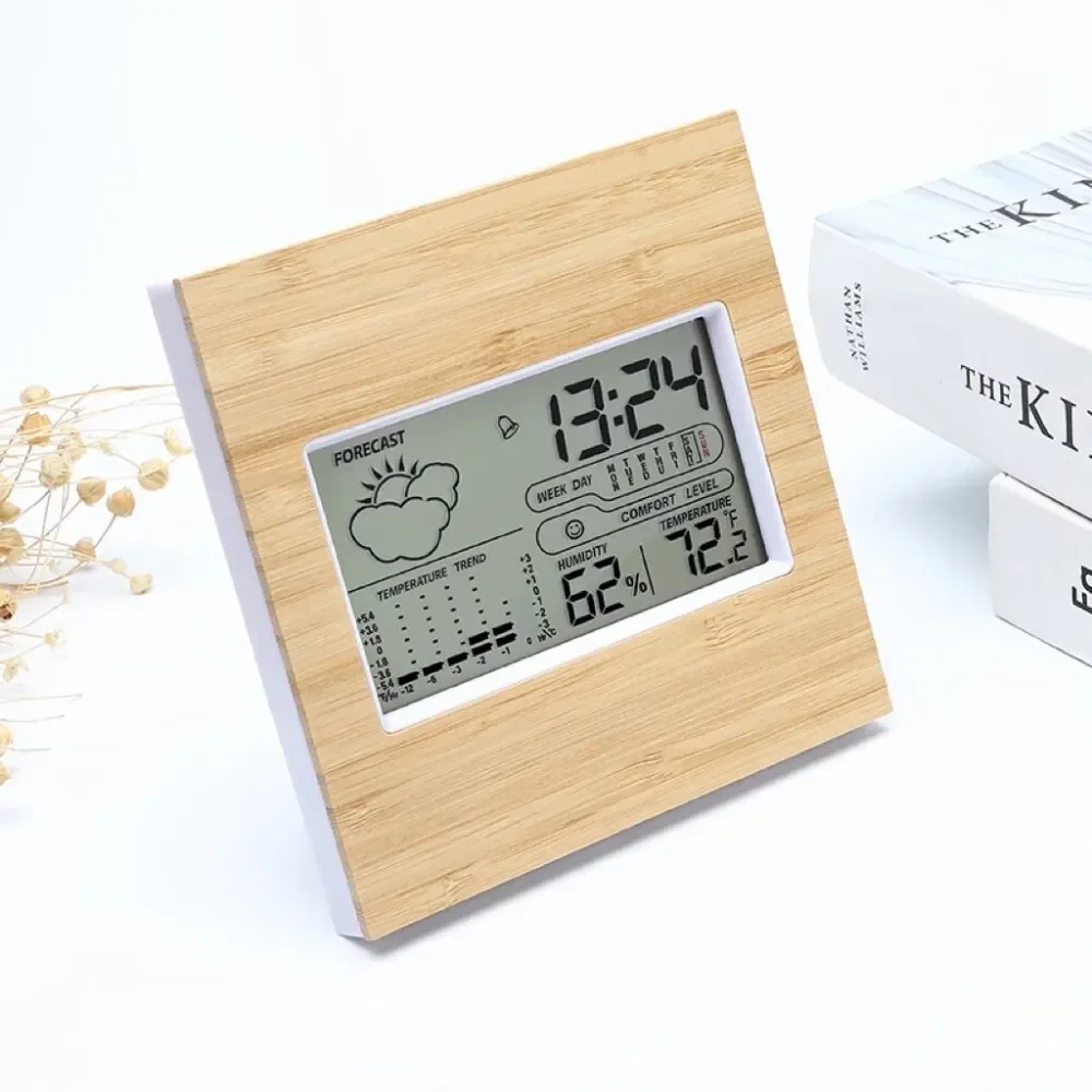 Digital Clock Desktop Temperature LCD  Electronic Thermometer Table Hygrometer Battery Operated Time Date Calendar Wooden Face