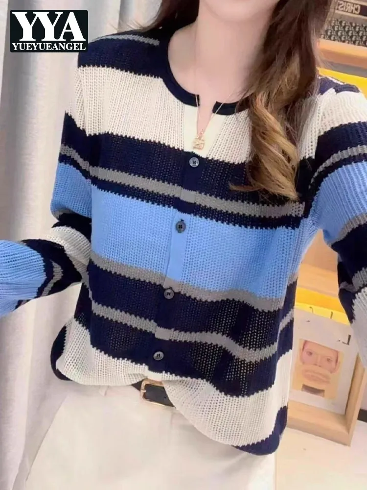 

Новый полосатый женский вязаный свитер, топы, свободный крой, тонкий трикотаж, осенняя мода, вязаная верхняя одежда с круглым вырезом, повседневное однобортное пальто