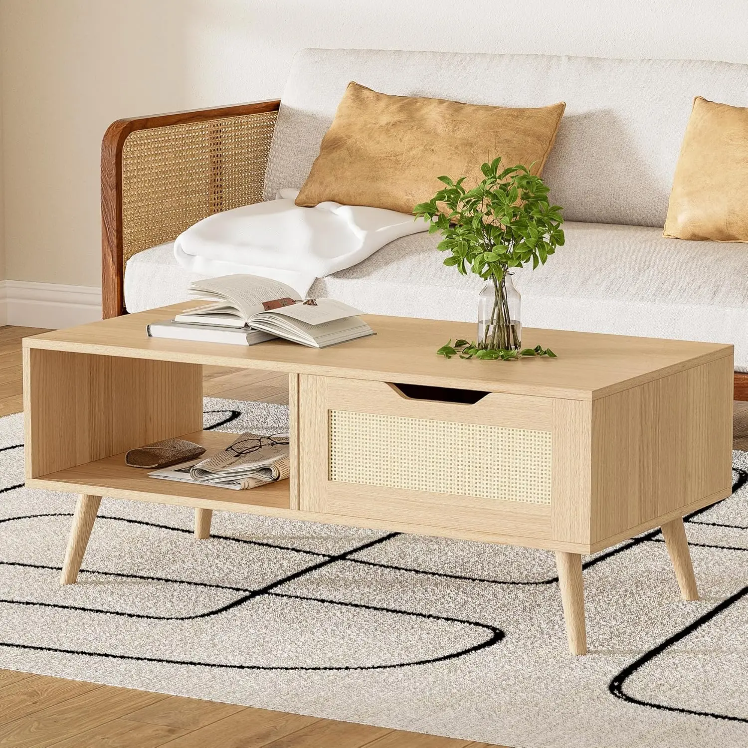 

Coffee Table, Mid Century Modern with Drawer & Shelf, 39'' Wooden Boho Coffee Table for Living Room