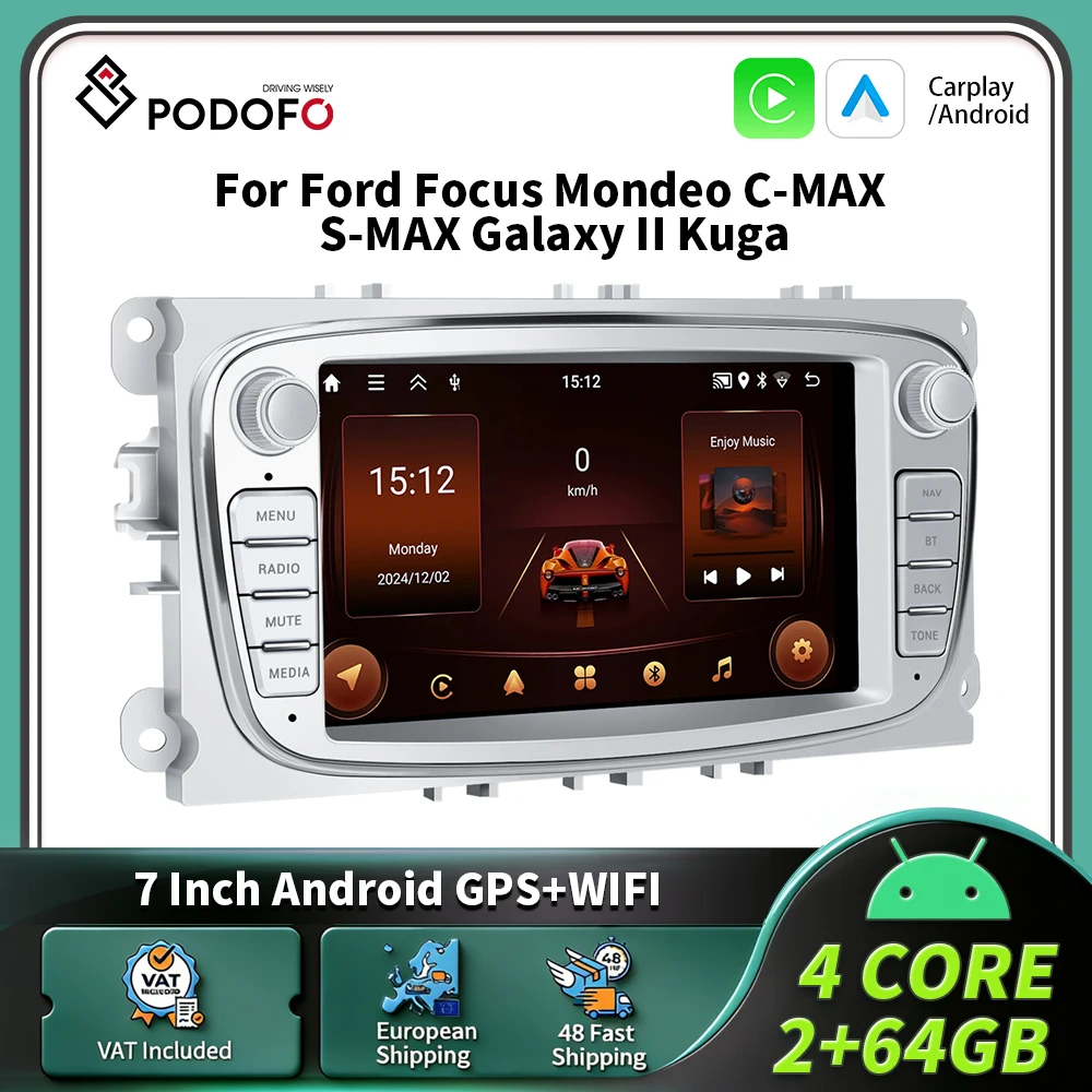 Podofo 7" 2Din Autoradio mit kabellosem Carplay, Android Auto, Multimedia-Player, MirrorLink, Smart Driving System und GPS für Ford Focus, Mondeo, C-MAX, S-MAX