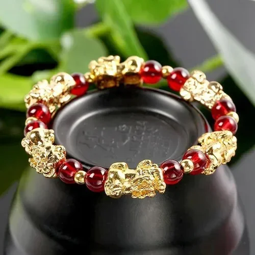 Feng Shui Obsidian Stone Beads Bracelet Wristband Gold Color Customizable Lucky Wealth Pixiu Red Garnet DIY Accessories Textile