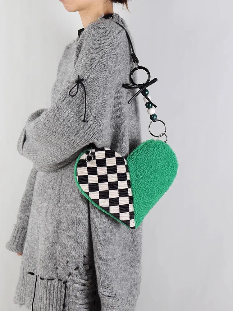 

Checkerboard Love Underarm Bag Original Designed Contrast Green Velvet Crossbody Bag Y2K Handbag Ins Minority Knot Strap Bag