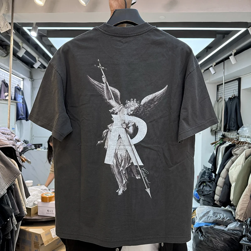 Washed Cotton T-Shirt Casual Short Sleeve Print Angel Letter Pattern American High Street Style for Youth Summer Fashionable