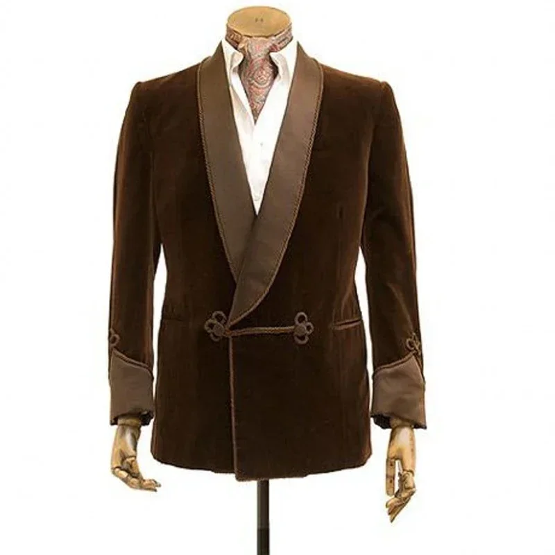 1 Pc Brown Velvet Smoking Jacket With Double Breasted Men Blazer For Wedding Groom Prom Single Coat Male Fashion Costume