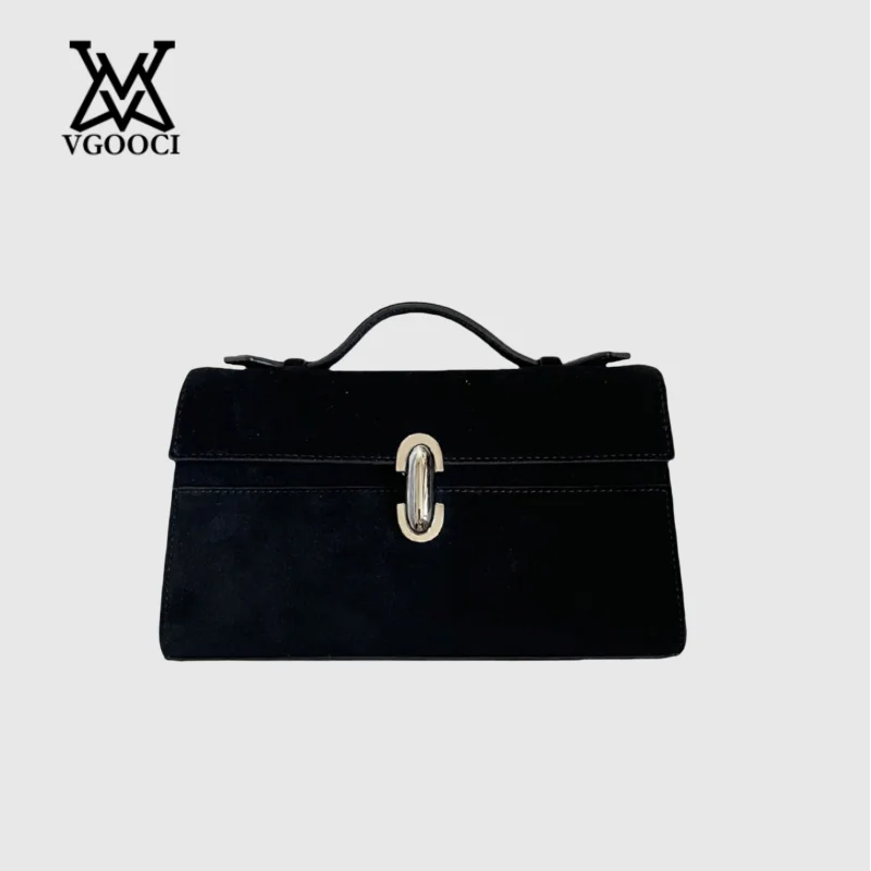 

VGOOCI Genuine Leather Handbag Solid Color Simple Handbag Small Square Row Bag Women's Suede Savette Baguette bag for women