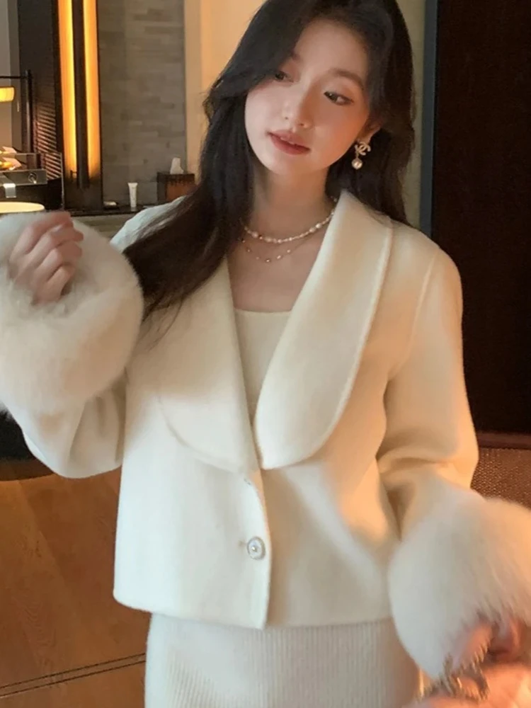 2025 Women Short Real Fox Fur Cuff Woolen Blends Jacket New Autumn Winter Clothes Fashion Warm Fur Collar Cashmere Wool Coat