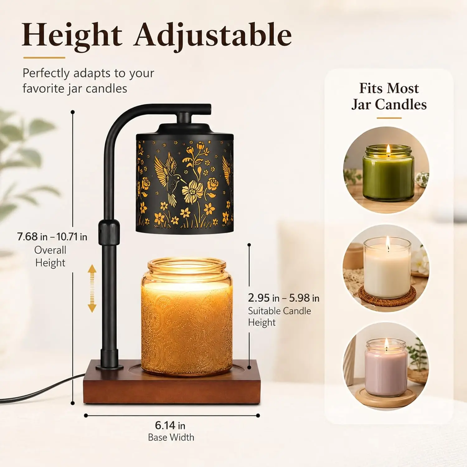 Candle Warmer Lamp with Adjustable Height Dimmable for Jar Candles, Home Decor Gift for Women Mom Hummingbird