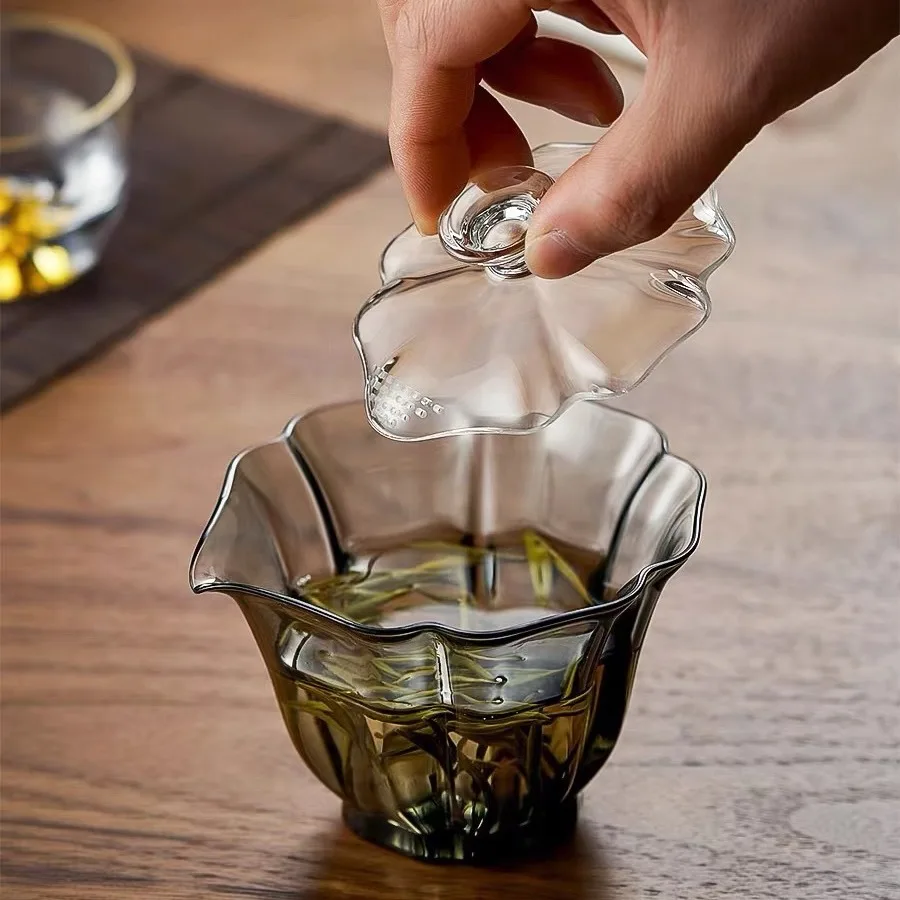 Gaiwan Thick Glass Tea Cup High Heat -resistant Grab Tea -discharging Hand Kung Fu Tea Game