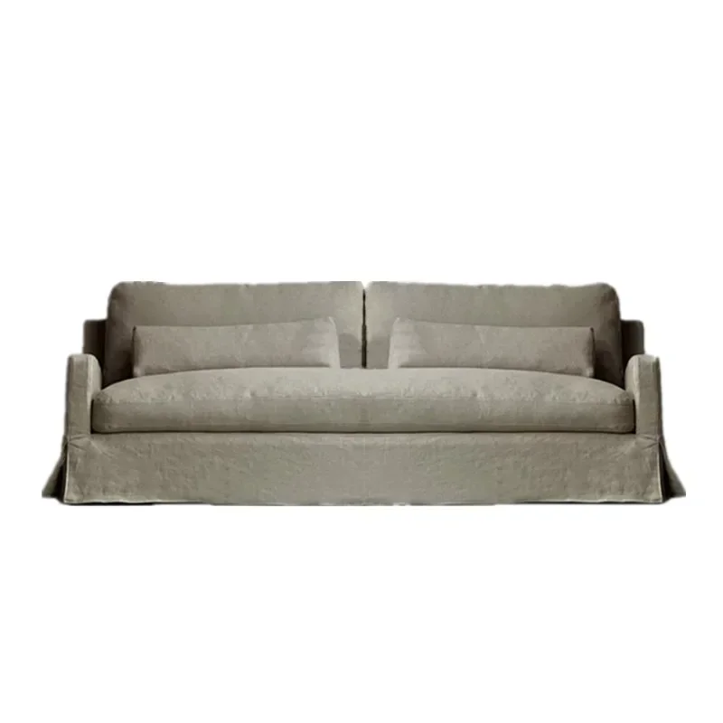 Retro multi-person down fully dismantled and washed fabric sofa, three-person wabi-sabi style washed cotton and linen sofa
