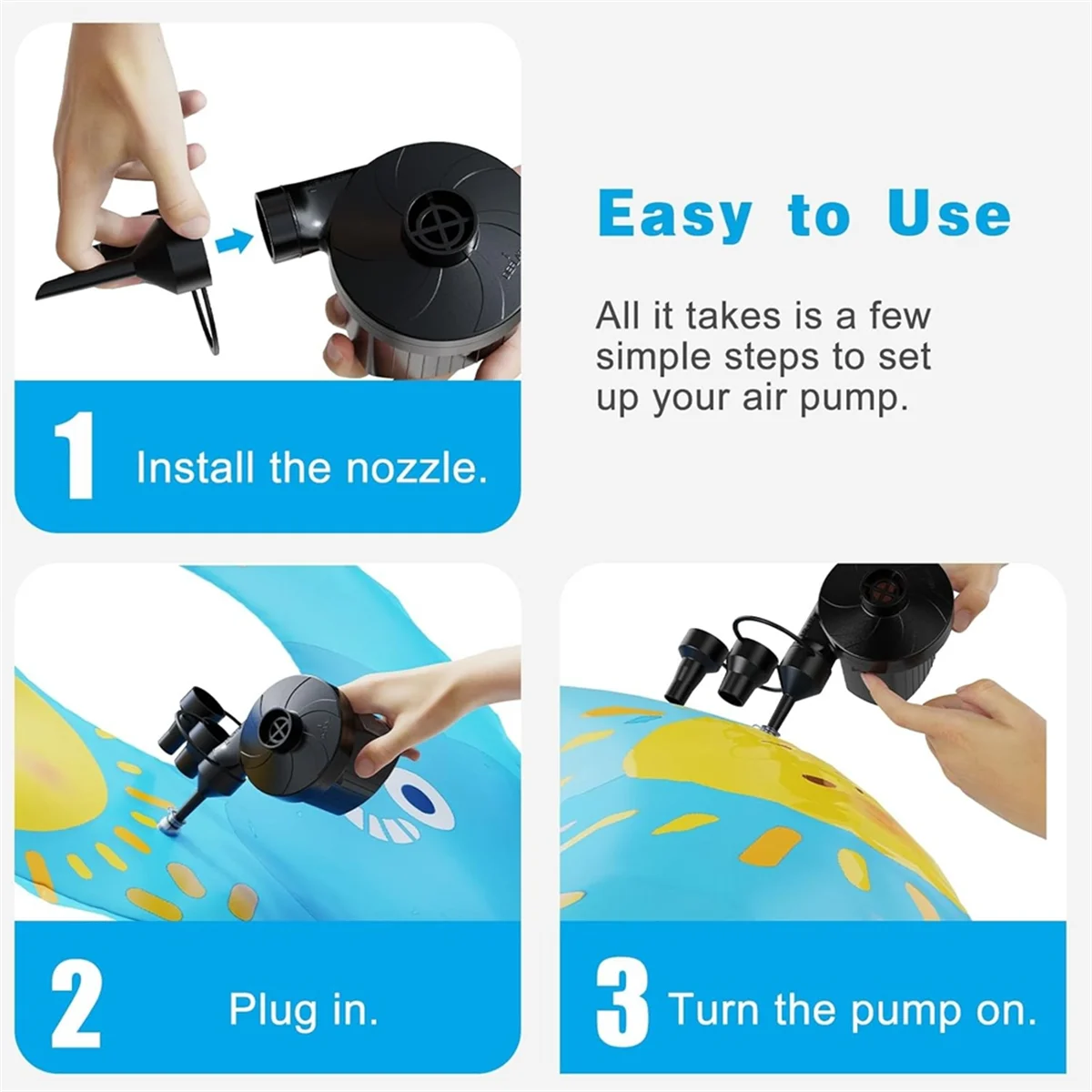 ABYA Electric Air Pump for Inflatables Portable Quick-Fill Air Pump with 3 Nozzle Inflator&Deflator Pumps for Outdoor EU Plug