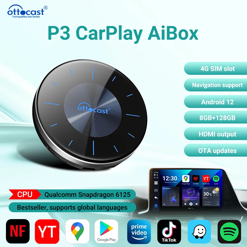 

Ottocast Android Auto CarPlay Wireless Adapter P3 Ai Box Android 12.0 QCM6125 8 Cores Car Accessories Support For HDMI Out