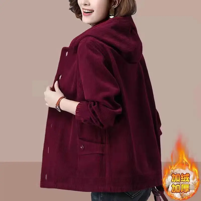 Winter Women Vintage Corduroy Lamb Wool Thick Warm Single Breasted Hooded Jacket Korean Fashion Casual Solid Loose Outewear Coat