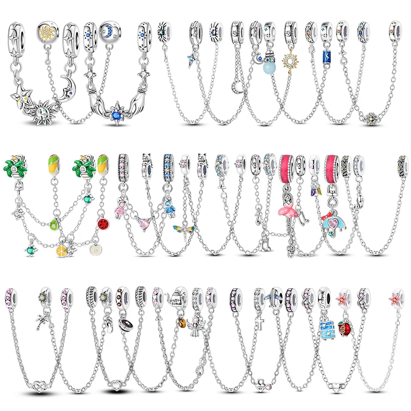 

925 Sterling Silver Sun Moon Glow-in-the-Dark Bulb Safety Chain Charm Beads for Original Bracelet DIY Ladies Lucky Jewelry Gift