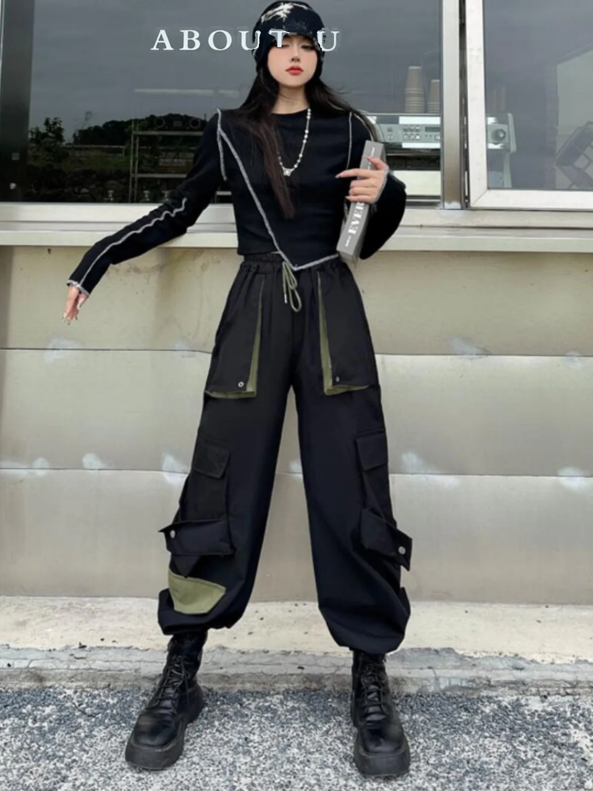 Women's Loose High Waist Straight Leg Black Workwear Pants Spring Casual Dance Trousers Fashionable Cuffed Long Trousers