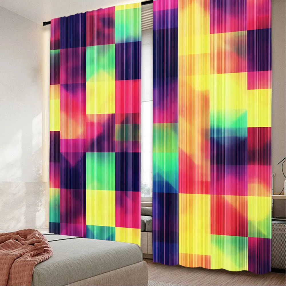 2Pcs Abstract Curtains Rainbow Colored Geometric Square Shaped Blurry Effects Watercolor Design For Bedroom Bathroom Living Room