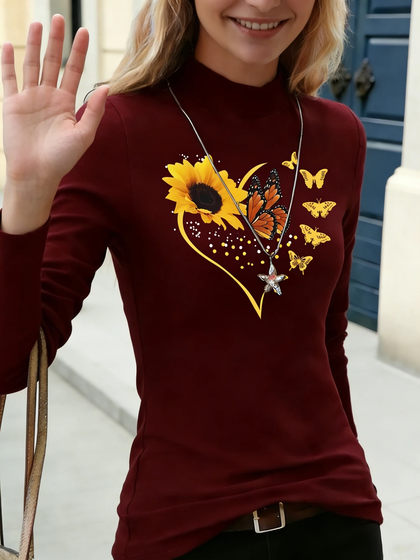 Dames Tops met opstaande hals en lange mouwen Zonnebloem Vlinder Hartprint Casual blouse Basic dagelijks T-shirt Zachte warme top voor dagelijks gebruik