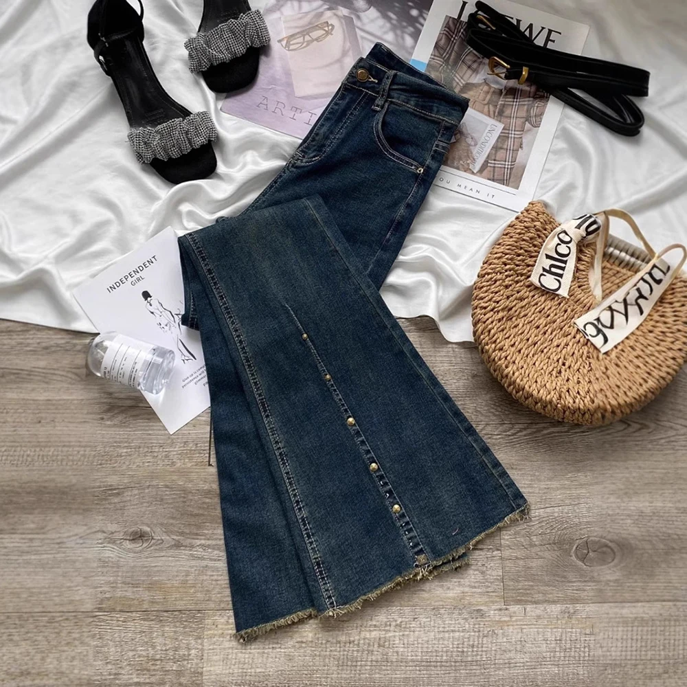 

Vintage Rivet Raw Edge Flared Jeans Women Autumn New High Waist Full Length Denim Pant Daily Commute Bootcut Trousers Streetwear